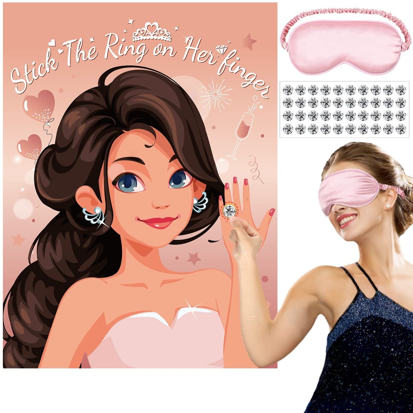 Teling 42 Pcs Pin The Ring on The Bride Bridal Shower Bachelorette Party Night Party Games Pin Game with Rose Gold Bridal Poster Ring Stickers Blindfold for Women Wedding Engagement