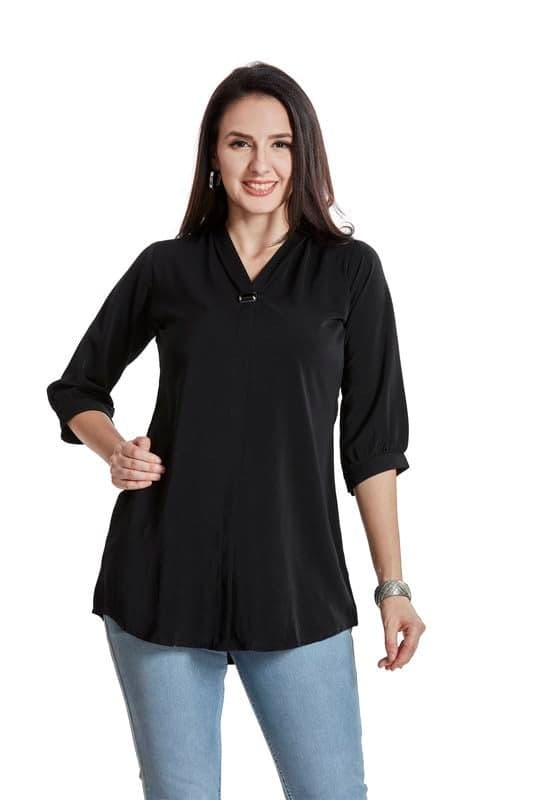 nioni Women's Solid Tunic With Fashionable V-Fold Neck | Micro Pleated Rayon Kurti | Lycra Material | 3/4Th Sleeve Short Regular Fit Kurta For Woman & Girl (Black, XXL)