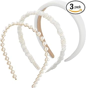 AOZUO 3PCS Headbands for Women Girls Padded NonSlip Headbands White Pearl Hairbands Fashion Wide Hair Band Vintage Head Bands for Women Girls Hair Accessories