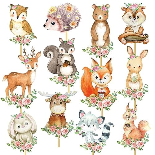 Woodland Party Centerpieces Decoration 24pcs Floral Woodland Animal Table Toppers for Woodland Baby Shower Centerpieces Decoration Forest Animal Birthday Party Supplies