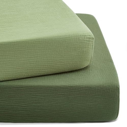 TILLYOU 2 Pack Muslin Crib Sheet for Boys and Girls - 100% Cotton Fitted Crib Sheet for Toddler Standard Crib Mattress, Soft and Breathable, 52"x28", Forest Green&Light Green