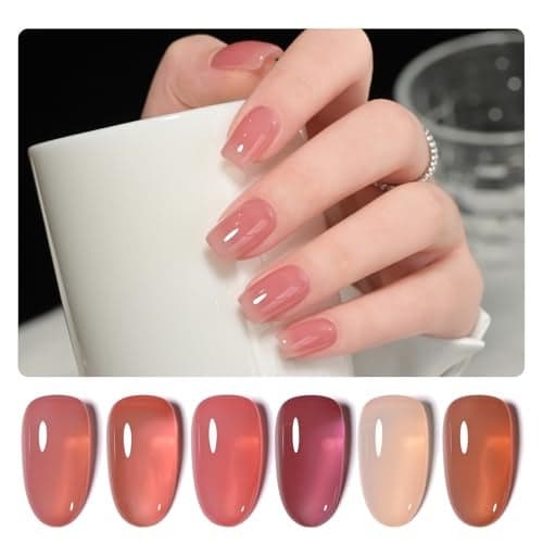 GAOY Jelly Burgundy Gel Nail Polish Set 6 Transparent Colors Red Pink Brown Nude Soak Off UV Light Cure Gel Polish Kit for Salon and Nail Art DIY at Home