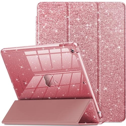INFILAND for iPad 9th Generation 2021/ iPad 8th Generation 2020/ iPad 7th Generation 2019 Case 10.2 inch, Glitter Cover with Clear Back, Pencil Holder for Kids Girls, Rose Pink