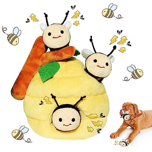 Whaline 4Pcs Bee Interactive Dog Toys for Boredom Bee Honey Pot Dog Toys Hide and Seek Puppy Toys Colorful Squeaky Dog Toy Puzzle Tough Chew Teething Soft Puppy Toy for Small Medium Large Dogs