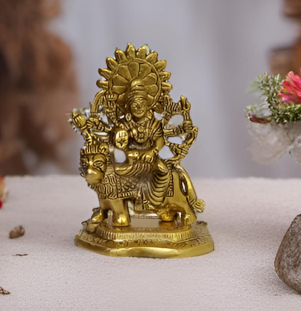 Purpledip Metal Idol Sherawali MATA Durga Ma Gold Finish Statue 12200