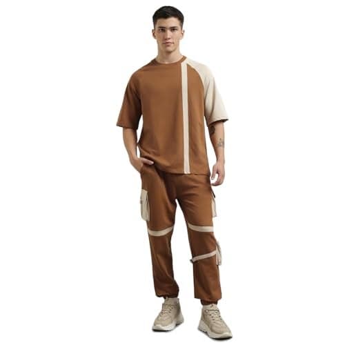 NOBERO Men Cotton Blend Solid Colorblock T-Shirt With Joggers, Brown, 2XL