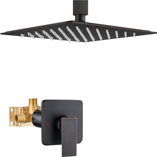 Heyalan Shower Faucet Set Square Stainless Steel Bathroom Rainfall Shower System One Handle Single Function Shower Trim Kit with Roughin Valve Male ThreadCeiling Mount10 InchOil Rubbed Bronze