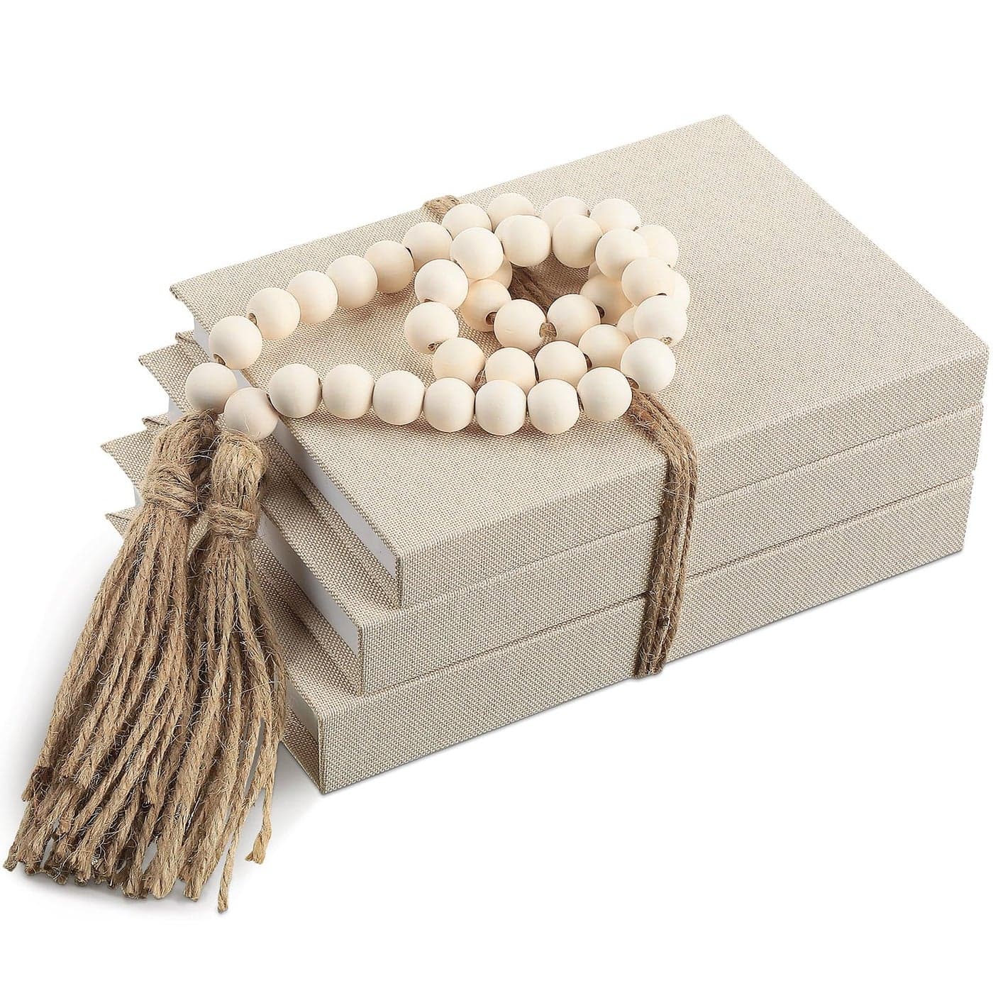GlikCeil Linen Covered Decorative Books Set of 3 Coffee Table Books Fabric Book Decor with Wooden Beaded Tassel Neutral Home Decor for Rustic Farmhouse Modern Shelves Tiered Tray