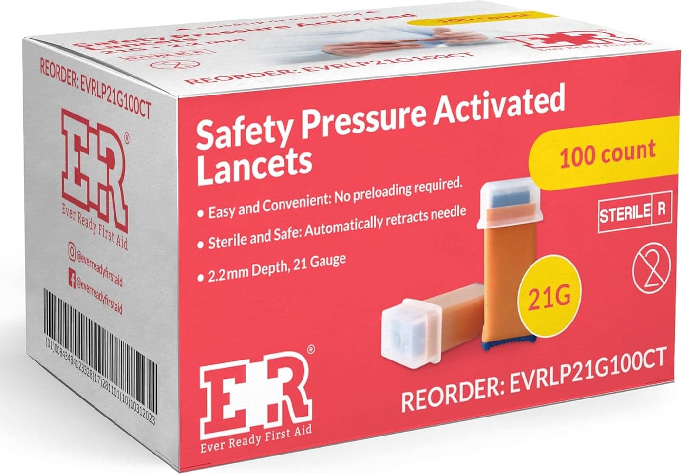 Safety Pressure Activated Lancets Sterile Push Lancets 22mm 21 Gauge for Blood Sugar Testing 100 Count