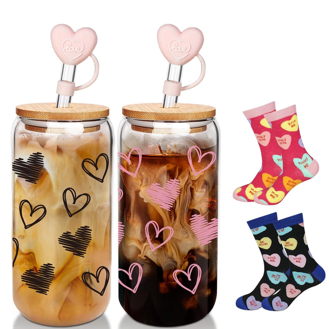 Valentines Day Glass Cups with Socks Valentines Day Gifts For HimHer 18 OZ Hearts Glass Cups GiftsWarm Socks for Women Men Couple Iced Coffee CupsGlass Cups with Lids and Straws 2 Sets