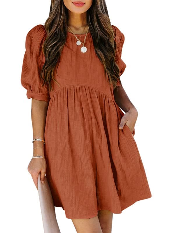 Dokotoo Womens Dresses 2025 Summer Cute Crew Neck Puff Sleeve Empire Waist Side Pockets Ruched Casual Loose Babydoll Mini Dress Orange Large