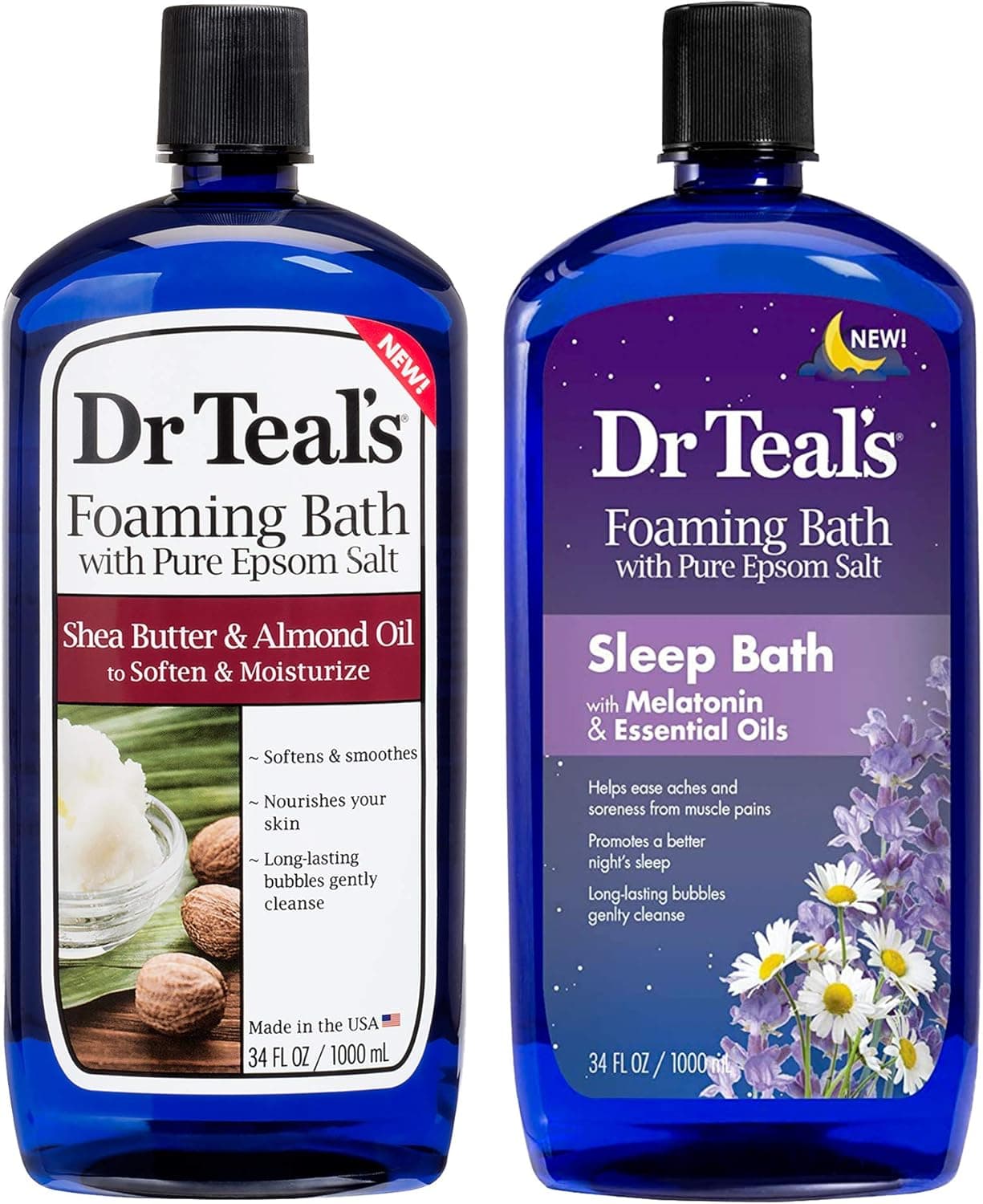 Dr Teals Foaming Bath Variety Gift Set 2 Pack 34oz Ea Shea Butter Almond Oil Melatonin Sleep Bath Essential Oils Blended with Pure Epsom Salt Eases Achy Muscles Relieves Stress