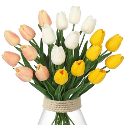 20 Pcs Artificial Tulips Flowers Mixcolor Real Touch Fake Tulips Fake Flowers for Mothers Day 135 Faux Tulips Faux Flowers Bulk Artificial Tulips Flowers for Vase Centerpieces Home Wedding Bouquet