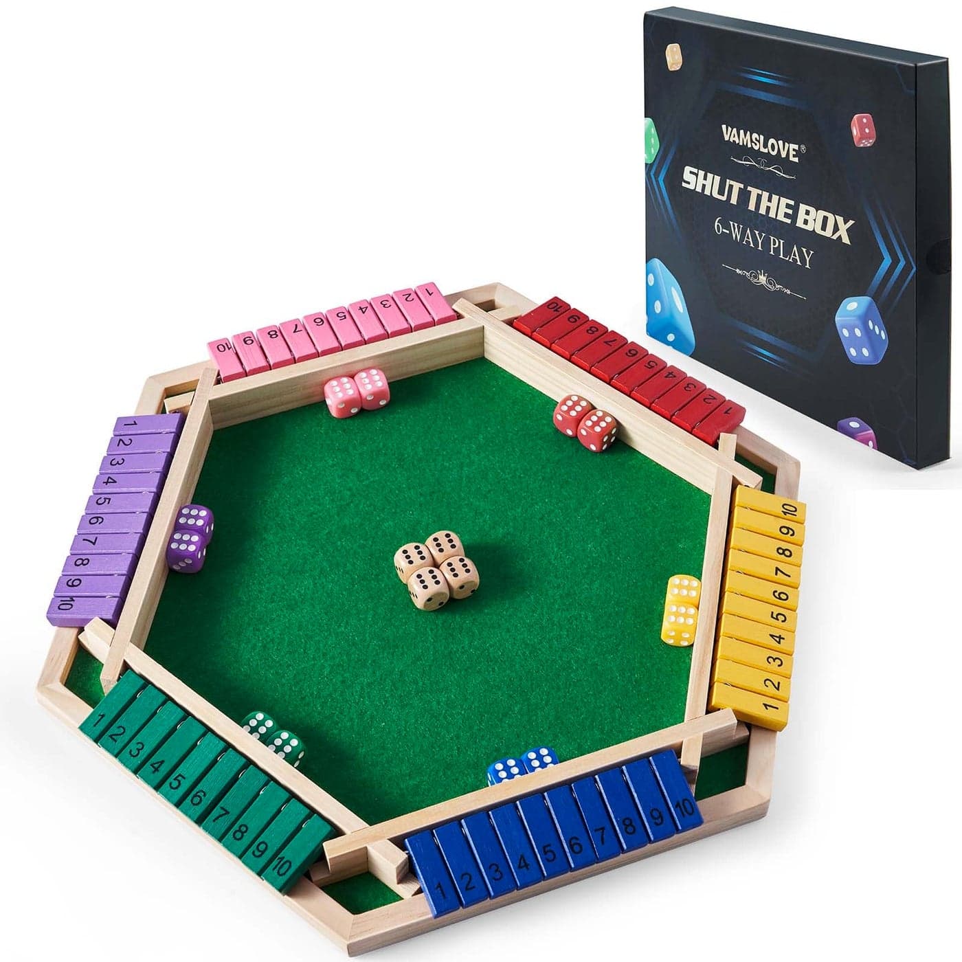 Vamslove Shut The Box Game for 6 Player with 12+4 Dice - Colorful 6 Sided Wooden Board Math Number Games for Kids Adults Families Party Club (Instructions Included)