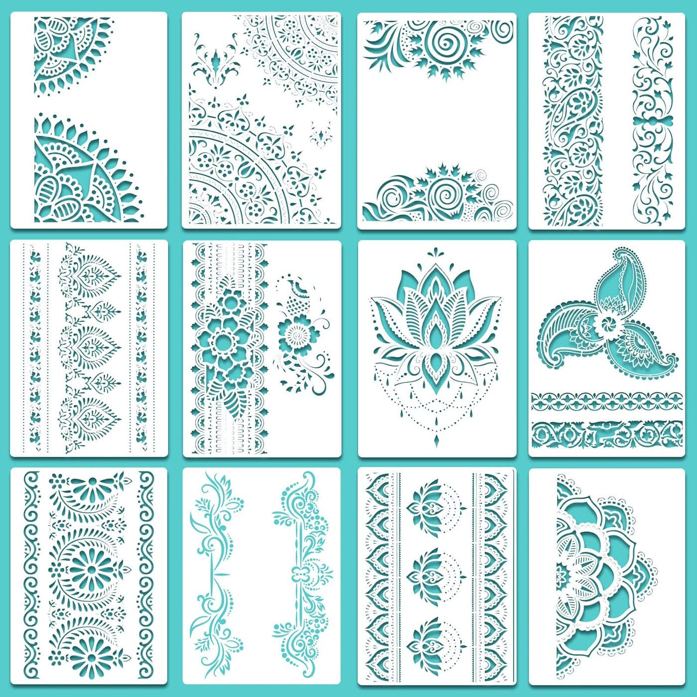 12 Pieces Large Mandala Stencil Reusable Mandala Painting Templates 83 x 117 Inch Floral Design Drawing Craft Stencil for DIY Wall Tile Furniture Canva Outdoor Indoor Decoration