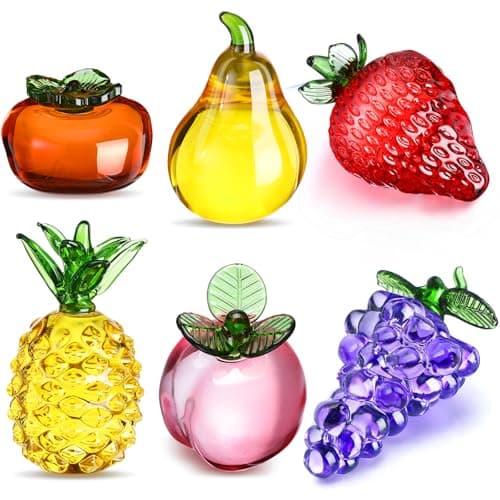 Reallnaive 6 Pcs Crystal Glass Fruit Decor Pineapple Grape Persimmon Strawberry Pear Peach Figurine Collectibles Hand Blown Glass Fruit Decoration for Home Decor Gift for Wedding Birthday Wedding
