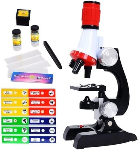 Kids Microscope Kit with LED Light - 100X/400X/1200X Magnification for STEM Learning, 12 Prepared Slides, Easy-to-Use Science Learning Kit (Ages 5-12)
