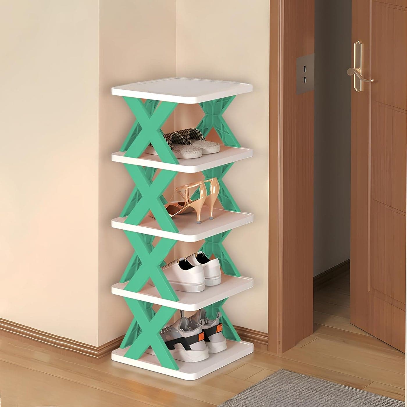 KIMANA MultiLayer Easy to Assemble Foldable Plastic Shoe Rack Holder Tower for Shoes and Storage Shelf at Entryway Home Office Bedroom Green 5 Layer