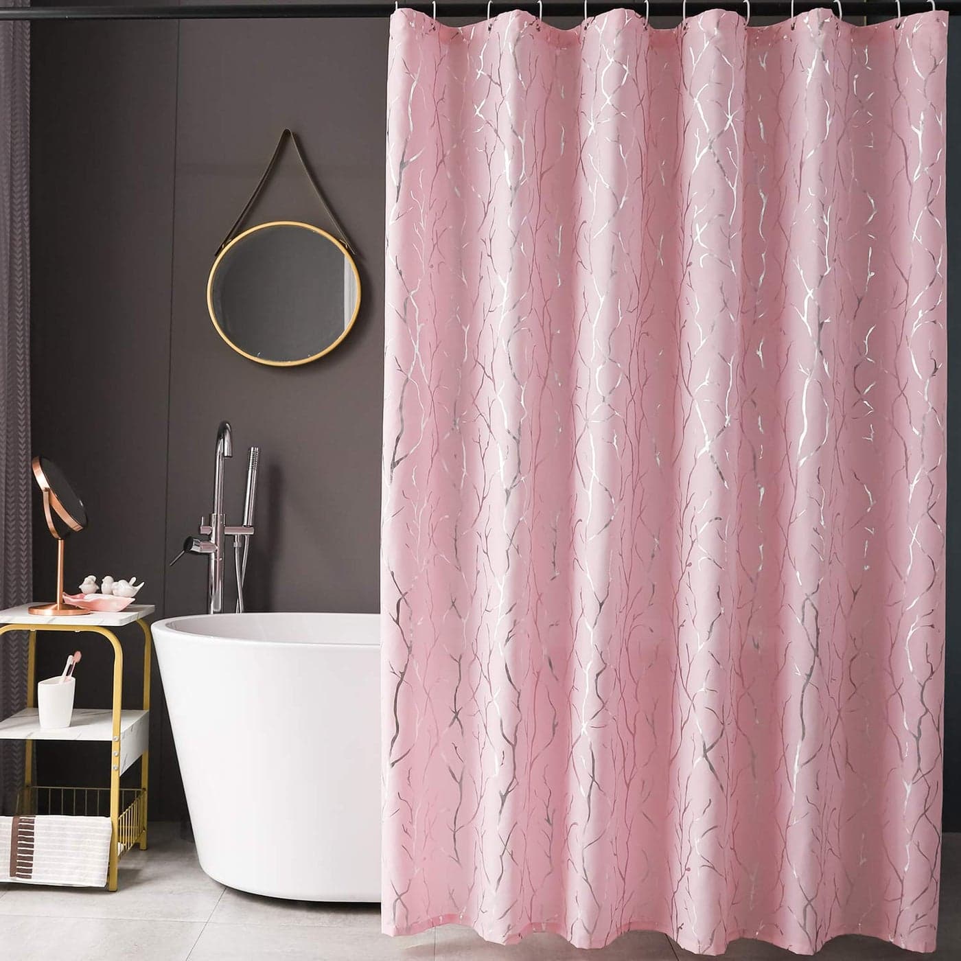 FINECITY Pink Shower Curtain Set Metallic Silver Foil Tree Branch Pattern Print Grommet Shower Curtain with 12 Hooks for Bathroom NOT Waterproof 72 x 72 Inch Silver Pink