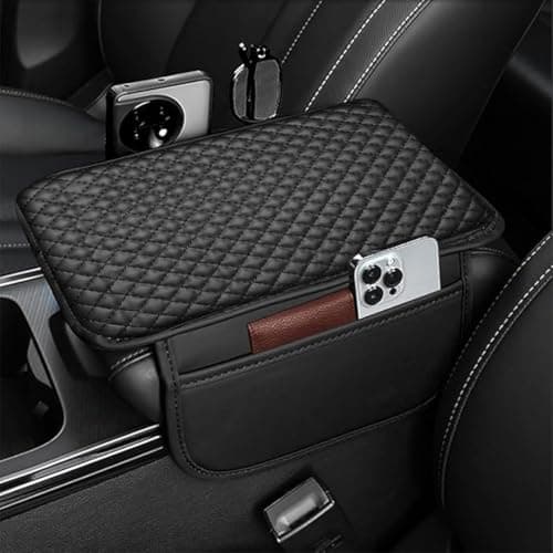 Lyrovo PU Leather Car Armrest Cushion Pad With Side Pockets, Universal Fit for All Car (Black)