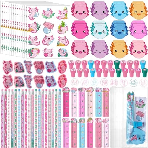 Cholemy 168 Pcs Axolotl Party Favors Axolotl Themed Pencils Notepads Stampers Rulers Erasers Stickers Bags Salamander Stationary School Supplies Kit for Valentines Day Gift Goodie Bag Piata Filler