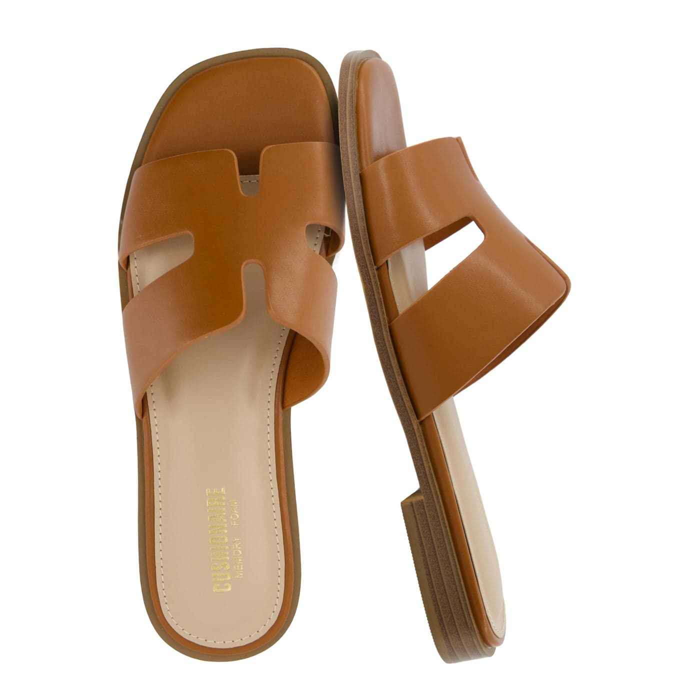 CUSHIONAIRE Voyage Cutout Strap Slides for Women Slip On Summer Flats Trendy Footwear Comfortable Vacation Style Sandals for Women 2025 WHISKEY 85