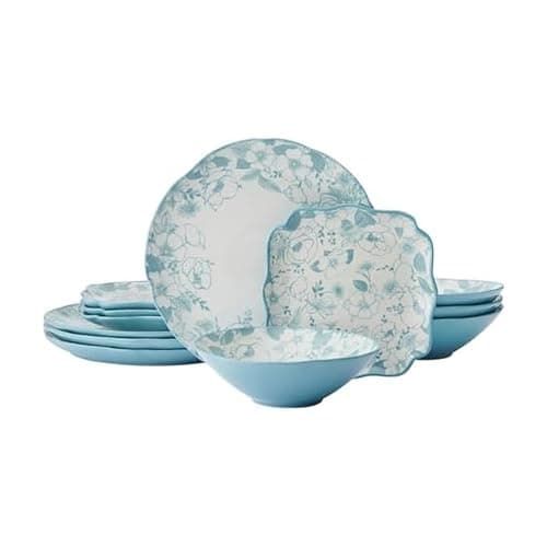 Pfaltzgraff Garden Blossom Floral 12 Piece Plate Bowl Dinnerware Set, Blue