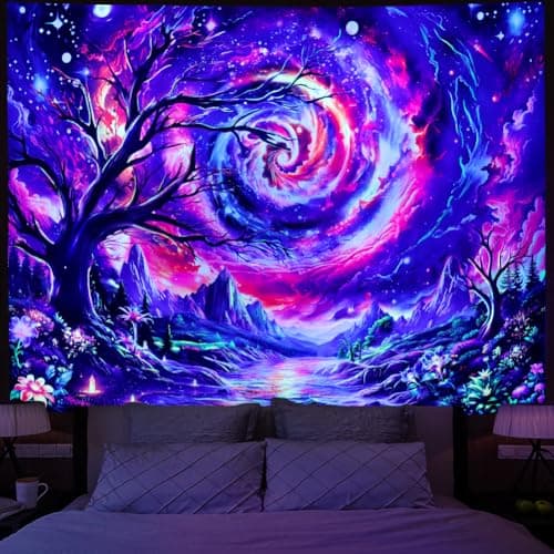 Amonercvita Blacklight Galaxy Space Tapestry UV Reactive Tree of Life Tapestry Neon Forest Tapestries Cosmic Milky Way Mountain Wall Decor Colorful Starry Sky Universe Tapestries Wall Hanging for Room