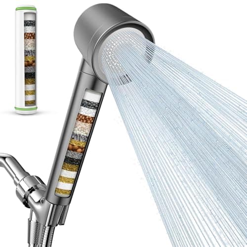 Filtered Shower Head with Handheld, High Pressure Water Flow and Multiple Spray Modes Shower Head with Filter, Power Wash for Hard Water, Showerhead with ON/OFF Switch for Pets Bath (Stone Gray)