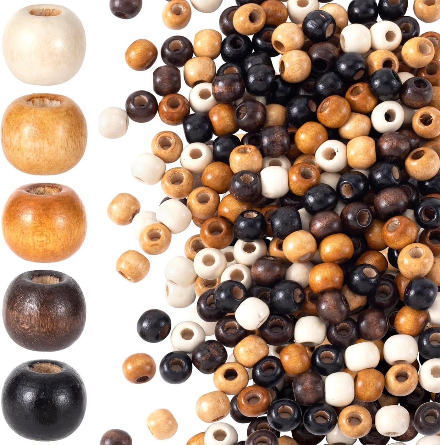 125 Pcs Wooden Beads, 9x10mm Natural Round Wood Beads in 5 Colors, Black Brown Beige Large Hole Beads for DIY Crafts, Bracelet Necklace Macrame Jewelry Hair Accessories