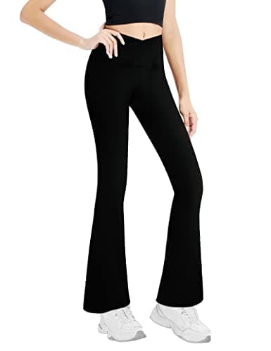 Gnainach Leggings for Girls Cross Waist Bootcut Pants Size 9-10 Years Old High Rise Soft Fashion Bell Bottoms for Child Workout Black