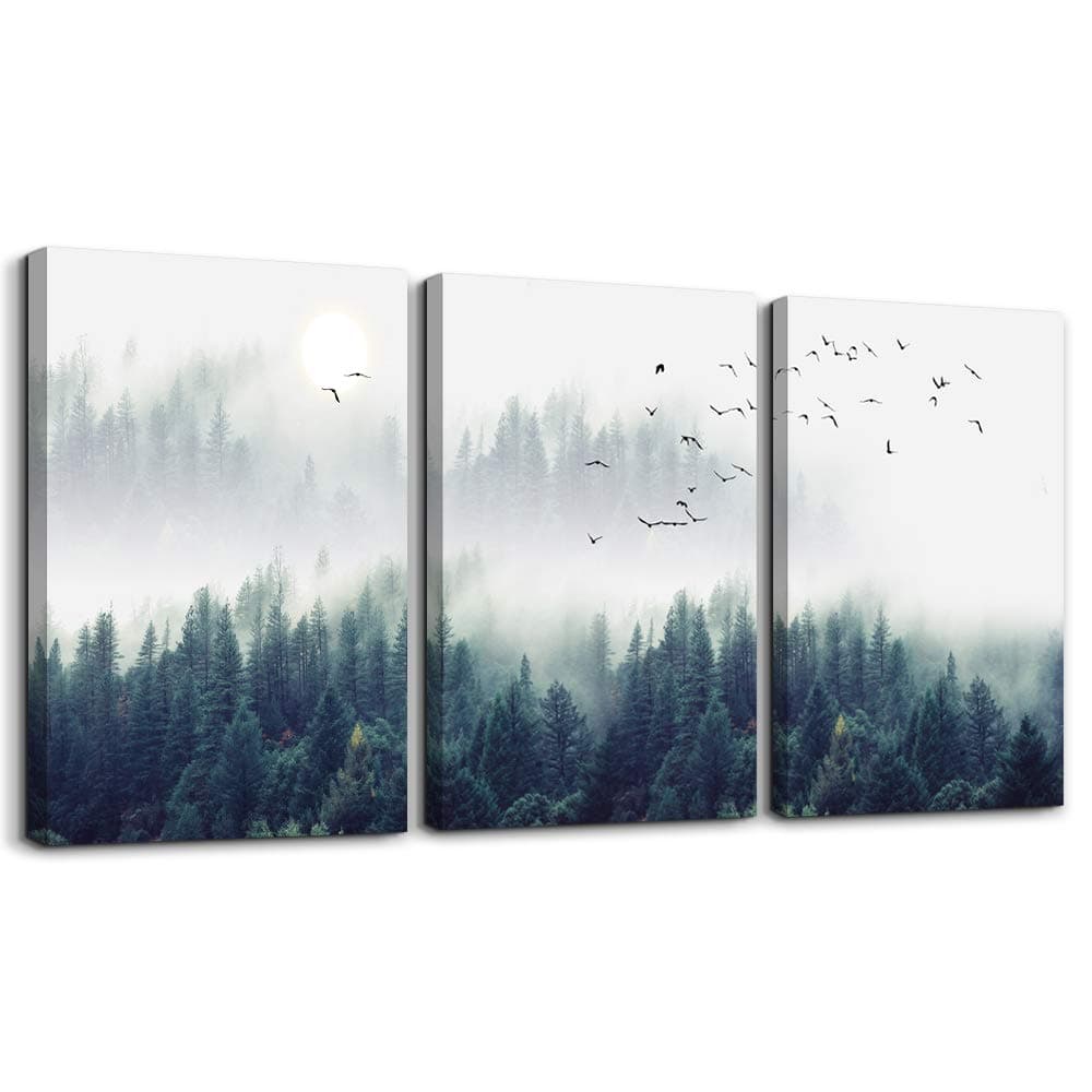 3 Piece Canvas Wall Art for Living Room Misty Forests of Evergreen Coniferous Trees in an Ethereal Landscape Modern Home Decor Stretched and Framed Ready to Hang 16x24x3 Panels wall decor