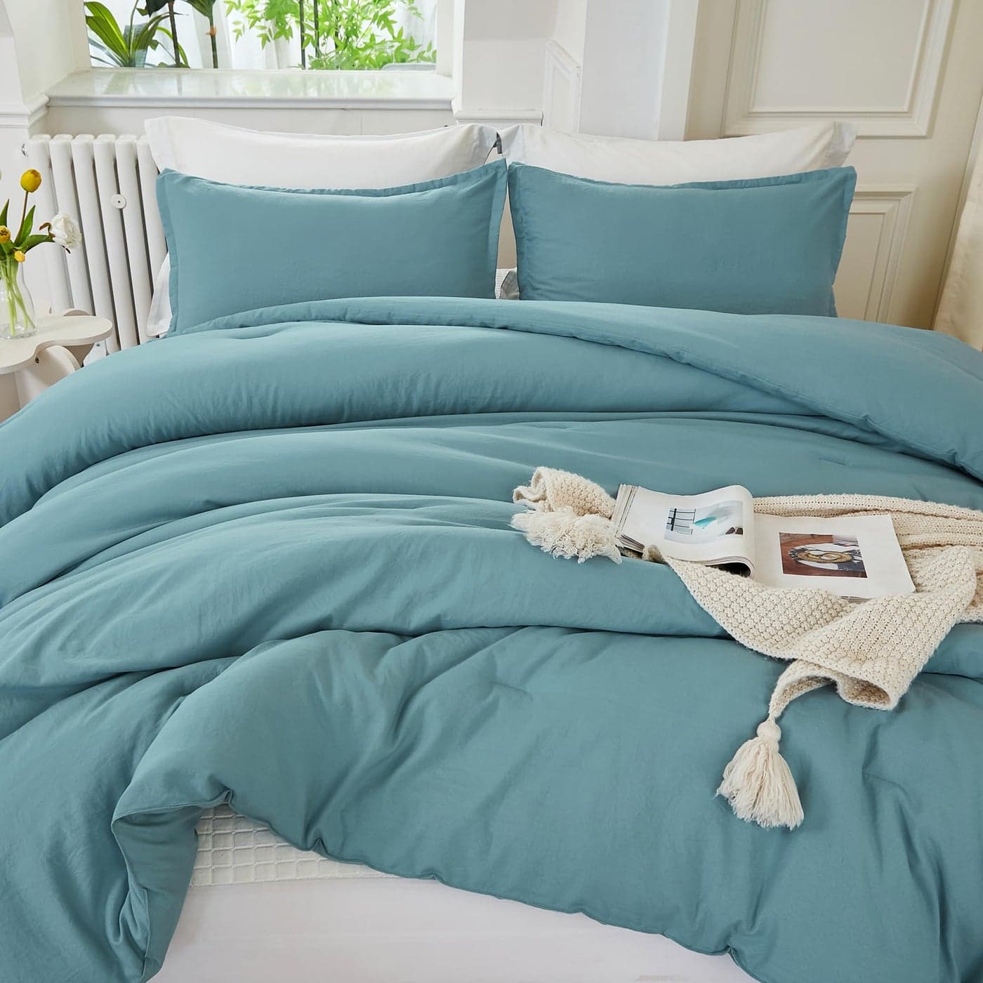 Litanika Grayish Teal Comforter King Size 3 Pieces Lightweight Solid Bedding Set All Season Fluffy Bed Set 104x90In Comforter 2 Pillowcases