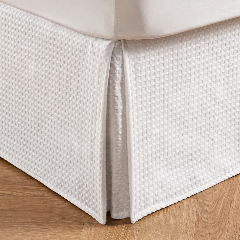 MIYE Pleated Waffle Weave Bed Skirt Tailored Dust Ruffle 18 Inch Drop Easy Fit Machine Washable White Queen 18 Drop