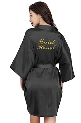 EPLAZA Bride Bridesmaid Robes for Wedding Bridal Party Women Short Solid Color Silky Satin Robe Kimono with Gold Glitters (Black, Maid of Honor)