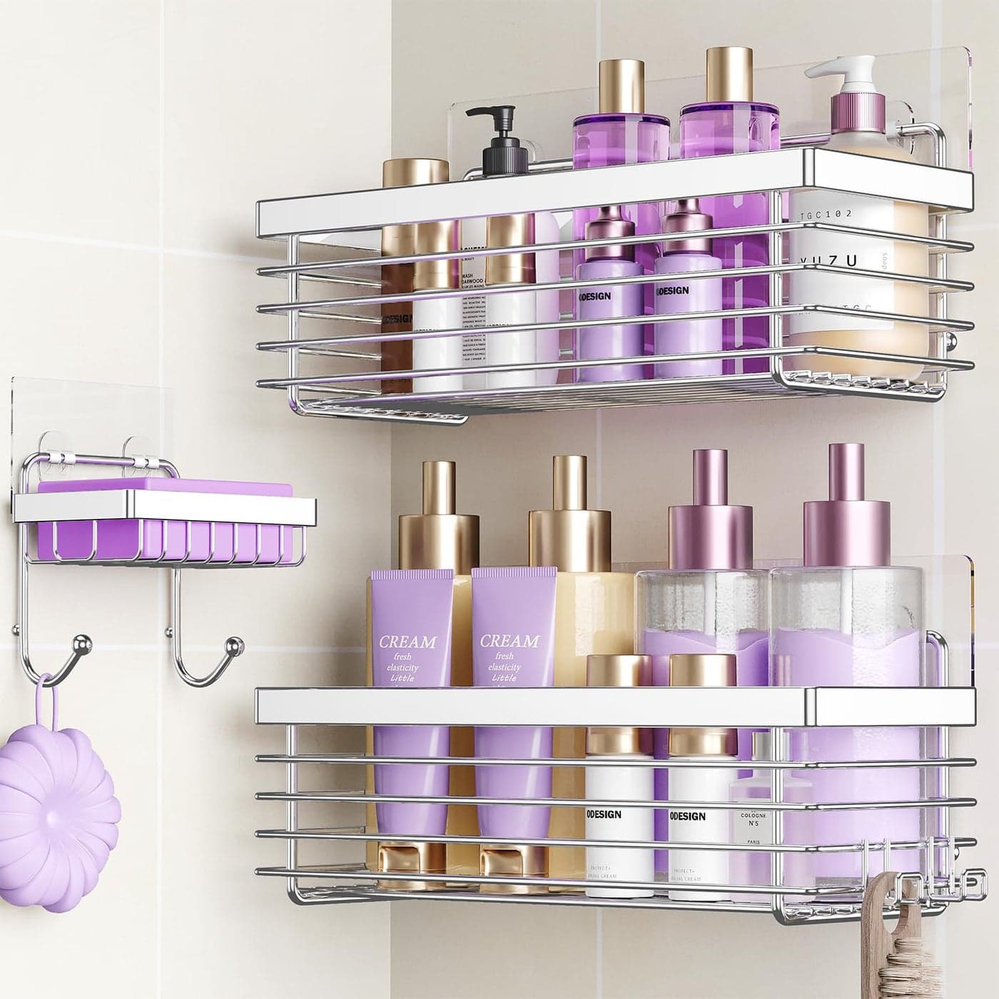 ODesign Shower Caddy 3 PackShower Bathroom Shelves RackRustproof Wall Mounted SUS304 Stainless SteelNo DrillingAdhesive Shower Shelf Basket OrganizerSilver