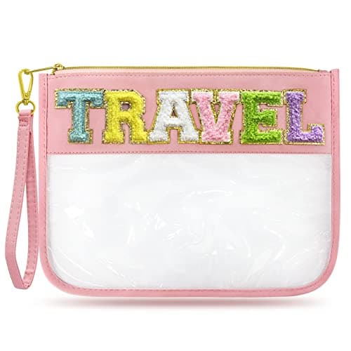 LSxia Chenille Letter Clear Zipper Pouch Nylon Makeup Bag, Preppy Makeup Bag Clear Cosmetic Toiletry Bag, Water-proof Makeup Travel Pouch Snack Bags for Women (Pink)