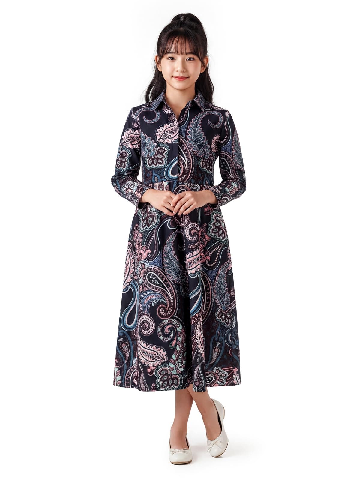 HELLCAT Girls Floral Printed Black Casual Midi Dress for 11-16 Years | Western A-Line Midi Dress for Girls_Black3_11-12 Years
