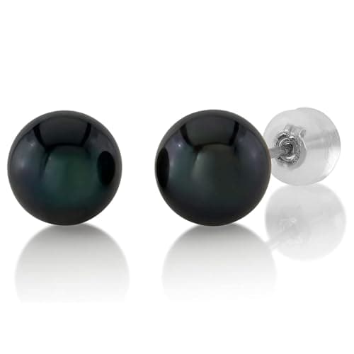 THE PEARL SOURCE 6.0-6.5mm Black Japanese Akoya Real Pearl Earrings for Women - 14k Gold Stud Earrings | Hypoallergenic Earrings with Genuine Cultured Pearls