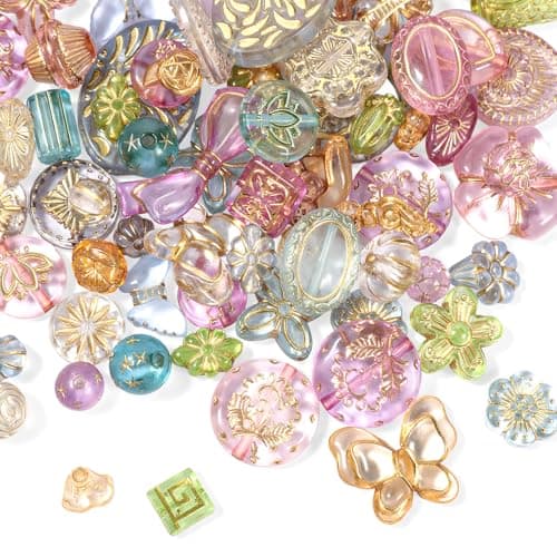 5070 Pcs Cute Assorted Kawaii Aesthetic Beads Assorted Bohemia Acrylic Beads Heart Butterfly Flower Round Oval Czech Bead Bulk Metal Enlaced Transparent Aesthetic Bead for Jewelry Making DIY Craft