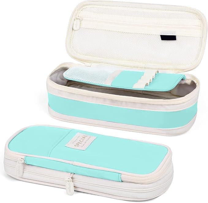 Lyrovo Large Capacity Pencil Pouch Case for School & Office Multi Compartment Organizer Durable Nylon (Sky Blue)