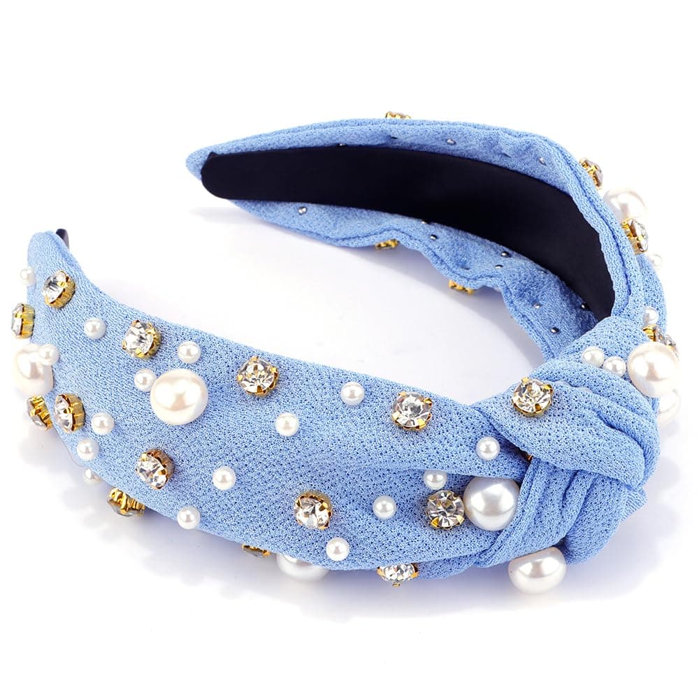 AHONEY Pearl Headband Knotted Light Blue Headband for Women Girls Rhinestone Top Knot Crystal Headband Jeweled Fashion Headpiece Boho Wide Head Band for Womens Hair