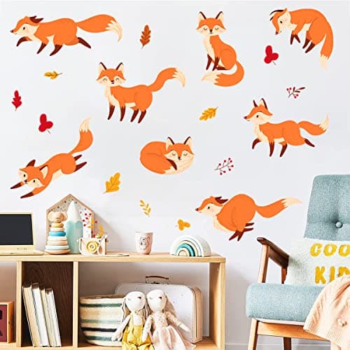 WOYINIS Cute Fox Wall Decals DIY Animal Foxes Pine Leaves Wall Stickers Peel Stick Bedroom Playroom Baby Nursery Kids Room Wall Decor Art Decoration