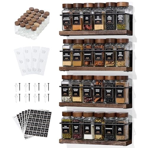 KitHero 4-Tier Wall Mount Spice Rack Organizer with 24 Glass Jars, 216 Labels & Funnel - Screw/Adhesive Mount, Black Metal & Wood Spice Storage for Kitchen Pantry Cabinet, 11.6”L x 2.4”W x 3.2”H