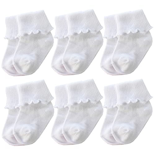 Xiyadun 6 Pairs Baby Girls Turn Cuff Ankle Socks Low Cut Cottle Ruffle Dress Socks Cute (9-24 Months, Ruffle White)