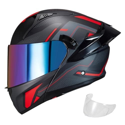 JQF Gear Modular Motorcycle Helmet Dual Visor Flip Up Full Face Helmets SJ809 DOT Approved for Adults Men Women Red Mech Man M