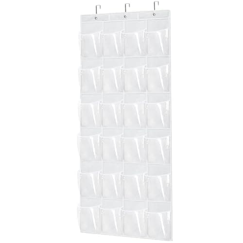 Over The Door Shoe Organizer with 24 Clear Pockets and Metal Hooks – Heavy Duty Hanging Shoe Storage Rack for Closet, Bathroom, Dorm – Space Saving Organizer for Shoes, Accessories, Toys (White)