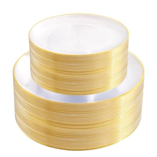 PULOTE 100PCS Clear and Gold Plastic Plates - Heavy Duty Clear Disposable Plastic Plates With Gold Trim for Wedding&Party Include 50 Dinner Plates, 50 Dessert Plates
