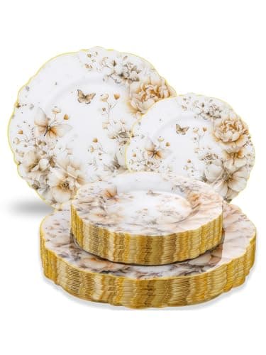 WDF 20Pack Floral Plates Disposable - Fancy Baroque Butterfly Plates - 10’’ and 7’’ Floral Plastic Tableware Decor Suitable for Spring Garden Party/Tea Party/Birthday