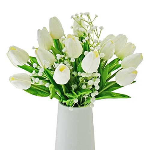Mandy's White Artificial Tulips Flowers Centerpiece, 13.5" Lifelike PU Fake Floral Stems 20pcs and 3pcs White Baby's Breath for Kitchen Island & Dining Table, Spring Decor for Easter